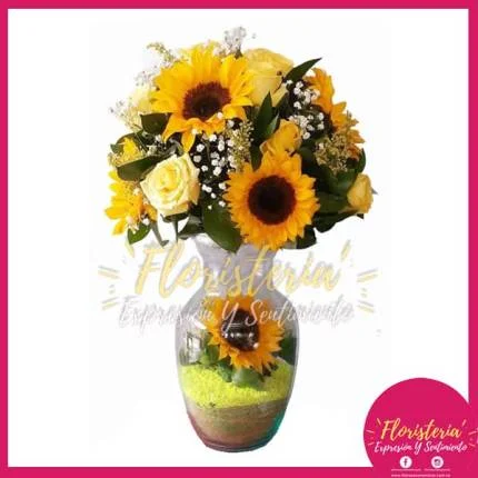 Cristal Mediano con Girasoles y Rosas