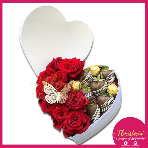caja-flores-chocolates-09-01 Caja Corazón en Rosas | Fresas de Chocolate - Imagen 1